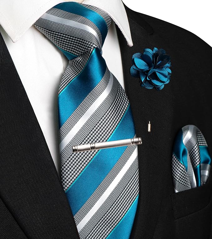 JEMYGINS Mens Striped Tie and Lapel Pin Necktie Pocket Square and Tie Clip Sets for Business Casual 4PCS