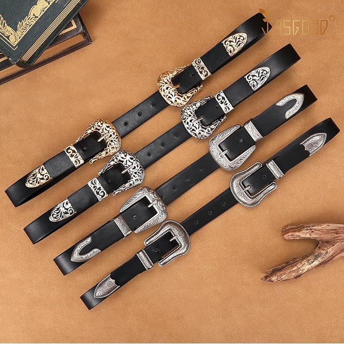 JASGOOD Double Buckle Western Belts For Woman Cowgirl Country Belt Vintage Black Leather Belt For Jeans Pants Dresses
