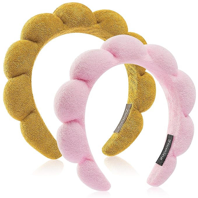 Headbands for Washing Face, Set of 2 - Terry Cloth Spa Headband for Facial, Makeup, Skincare, Puffy Headbands for Face Washing & Masks(Pink + Khaki)