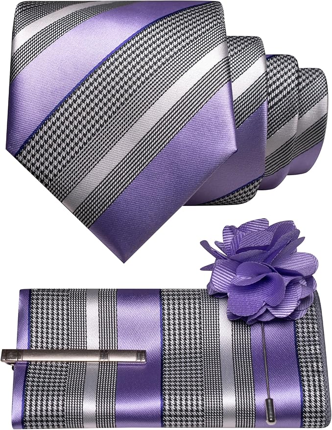 JEMYGINS Mens Striped Tie and Lapel Pin Necktie Pocket Square and Tie Clip Sets for Business Casual 4PCS