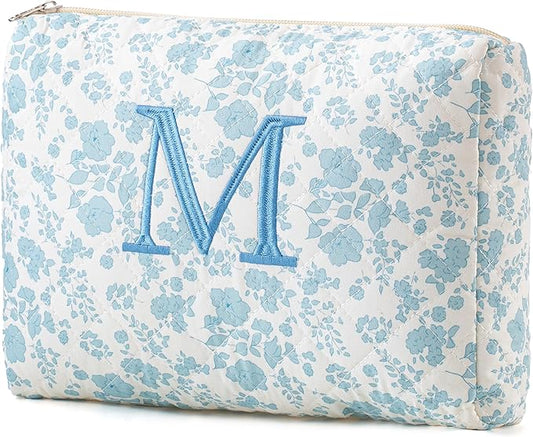 HBselect Initial Quilted Makeup Bag, Cotton Large Travel Makeup Bag, Cute Floral Coquette Make up Bag Cosmetic Bag Toiletry Bag for Women Girls M