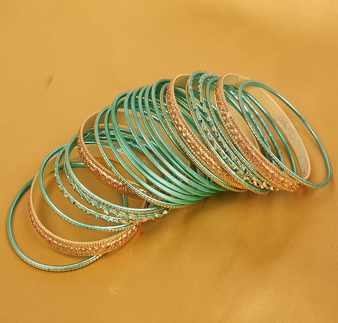 Touchstone Indian Metal Bangles for Women Gold Alloy Bracelets desi 2 Dozen Bangle Collection Bollywood Women's Jewelry Set Multi Stacking Wide Chunky Textured Golden Set of 24 in Gold or White Tone