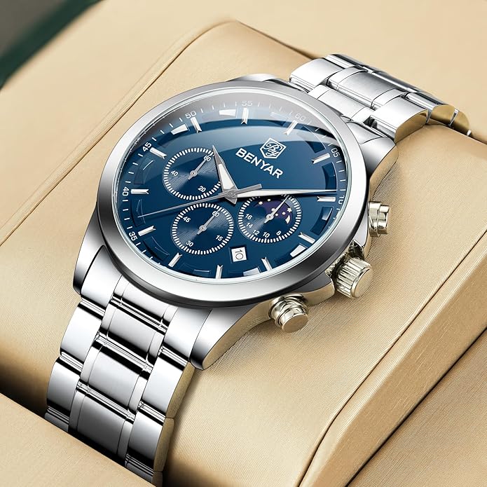 BY BENYAR Mens Watches Analog Quartz Chronograph Waterproof Wrist Watches for Men Fashion Business Work Casual Sport Designer Dress Watch with Calendar Elegant Gifts for Men
