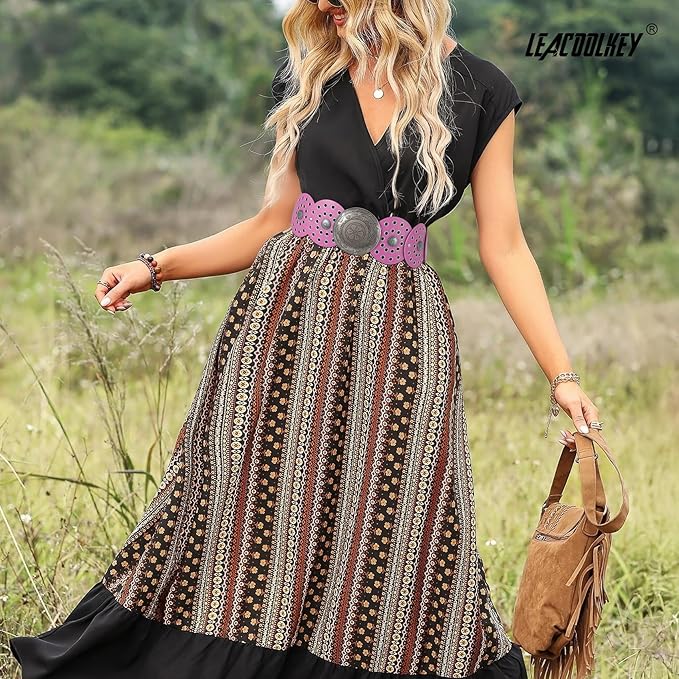 LEACOOLKEY Women's Boho Disc Belt Wide Western Leather Belt Vintage Concho Waist Belts for Dress Jeans