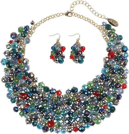 Bocar Fashion Crystal Chunky Collar Statement Necklace Earring Set for Women Gift (NK-10260)