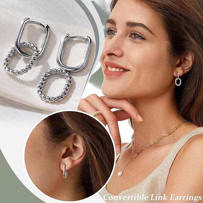 18K Gold Plated Two Tone Gold Silver Hoop Earrings for Women Hypoallergenic - 925 Sterling Silver Drop Dangle Paperclip Huggie Hoop Earrings - Chain Link Dangle Earrings Jewelry