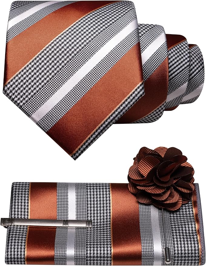 JEMYGINS Mens Striped Tie and Lapel Pin Necktie Pocket Square and Tie Clip Sets for Business Casual 4PCS