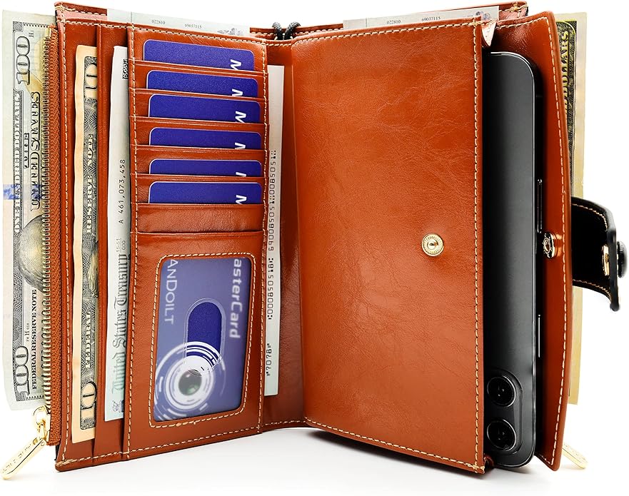 ANDOILT Wallet Women RFID Blocking Genuine Leather Bifold Multi Card Organizer Wristlet Purse Cell Phone Handbag