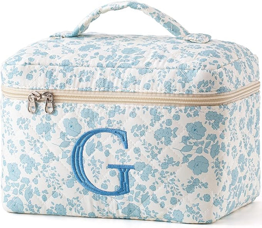 HBselect Initial Quilted Makeup Bag, Cotton Large Travel Make up Bag, Cute Floral Coquette Cosmetic Bag Toiletry Bag for Women Girls G