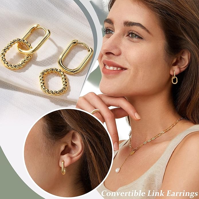 18K Gold Plated Two Tone Gold Silver Hoop Earrings for Women Hypoallergenic - 925 Sterling Silver Drop Dangle Paperclip Huggie Hoop Earrings - Chain Link Dangle Earrings Jewelry