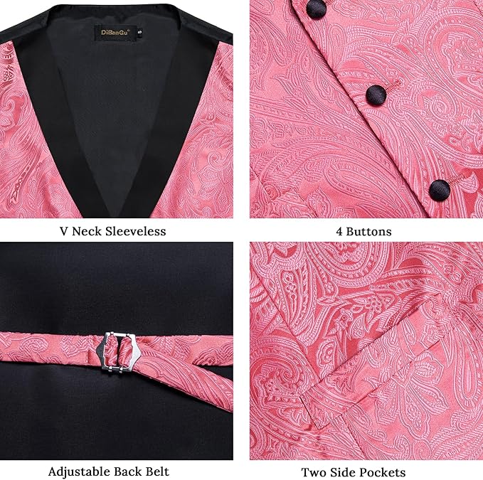 DiBanGu Mens Paisley Suit Vest Silk Jacquard Waistcoat and Necktie Set Formal Shawl Collar Dress Vest 7PCS for Wedding Party