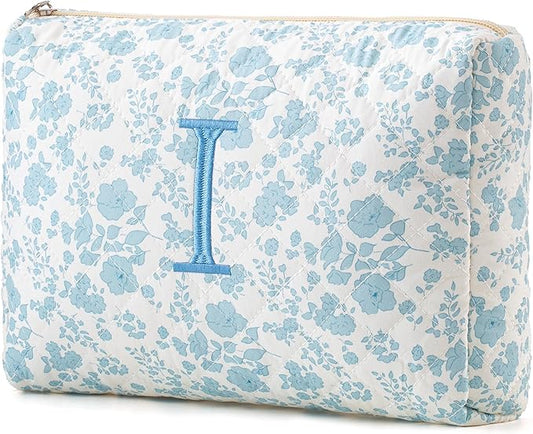 HBselect Initial Quilted Makeup Bag, Cotton Large Travel Makeup Bag, Cute Floral Coquette Make up Bag Cosmetic Bag Toiletry Bag for Women Girls I