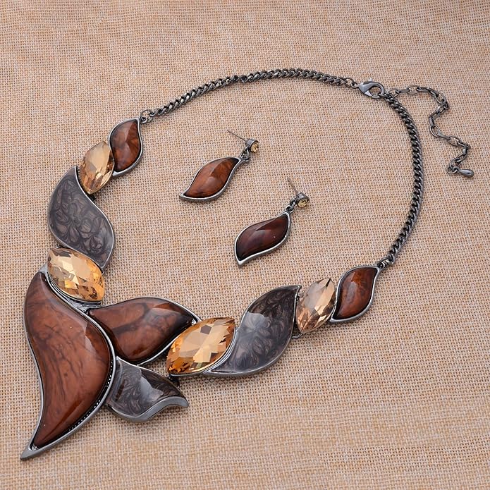 Retro Women's Crystal Floral Petal Leaf Chunky Statement Necklace and Earrings Set Party Jewelry