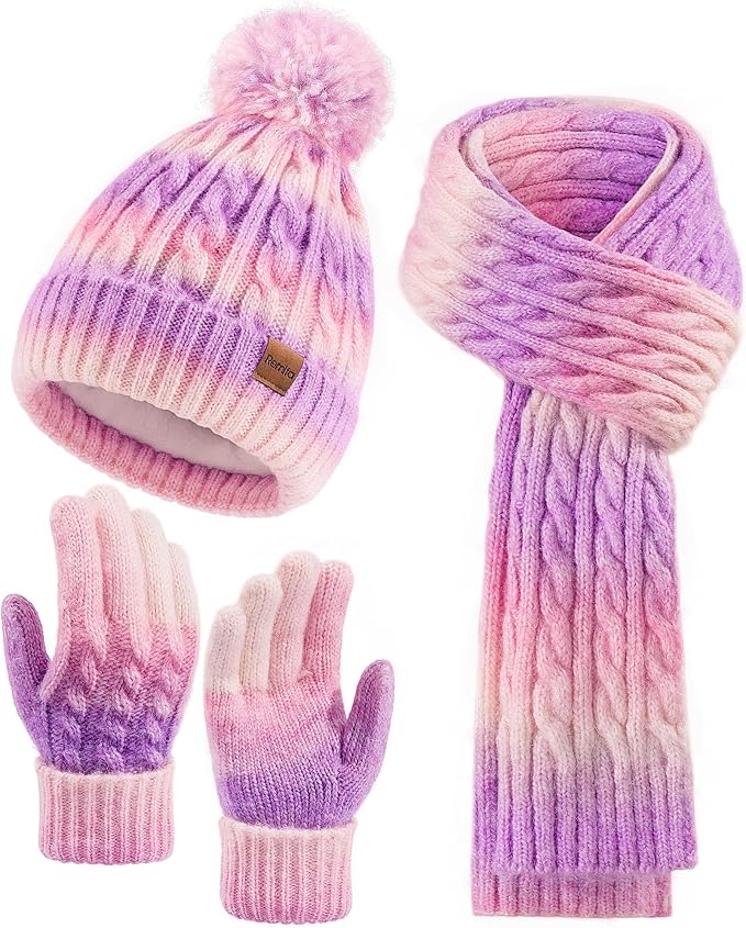 Remifa Winter Hat Scarf Gloves Set for Women Teen Girls, 3 PCS Pom Beanie Skull Cap Knit Scarf Gloves Mittens Valentines Gift