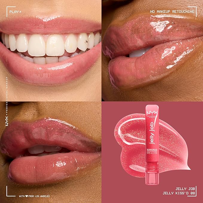 NYX PROFESSIONAL MAKEUP Jelly Job Lip Gloss, Lip Tint Gloss with Full-Bodied, Smoothing, and Hyper-Glossy Shine - Jelly Kiss'd (Pink Shimmer)