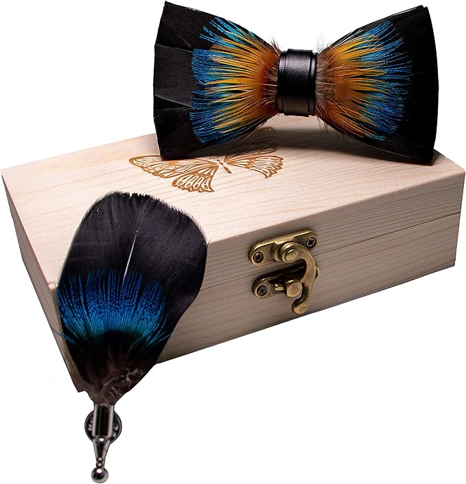 RBOCOTT Handmade Feather Pre-tied Bow tie and Brooch Sets for Men