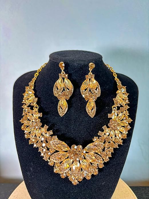 Women Jewelry Set Rhinestone Crystal Green Bride Statement Choker Necklace Teardrop Cluster Dangle Earrings Set for Wedding Party