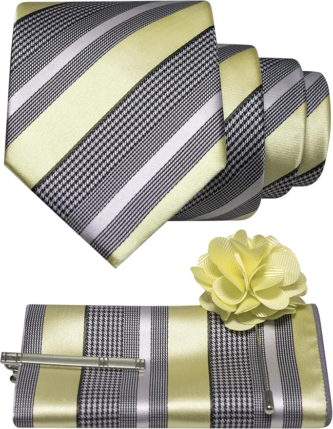 JEMYGINS Mens Striped Tie and Lapel Pin Necktie Pocket Square and Tie Clip Sets for Business Casual 4PCS
