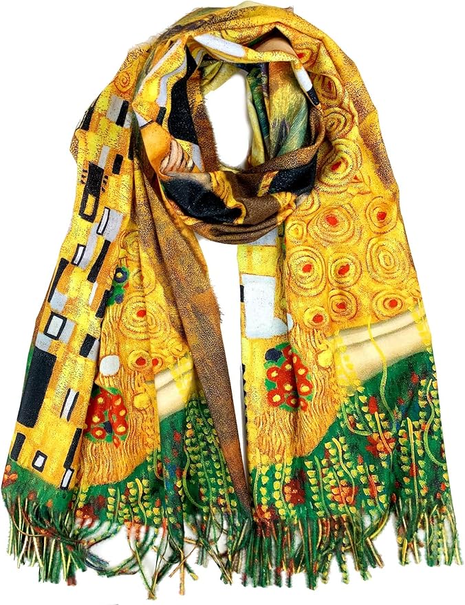 Plum Feathers Super Soft Cashmere Feel Double Sided Reversible Art Shawl Scarf Van Gogh Monet Klimt Inspired