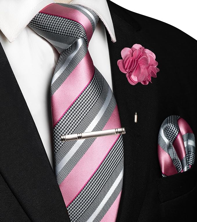 JEMYGINS Mens Striped Tie and Lapel Pin Necktie Pocket Square and Tie Clip Sets for Business Casual 4PCS