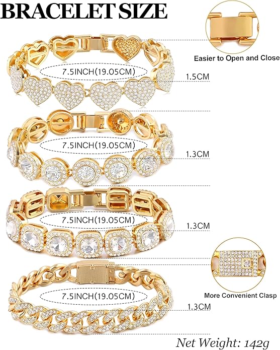 4PCS Gold Bracelets for Women Silver Clustered Tennis Bracelet for Women Heart Round Diamond Cuban Bracelet Layered Link Bracelet Set Fashion Jewelry for Women Set