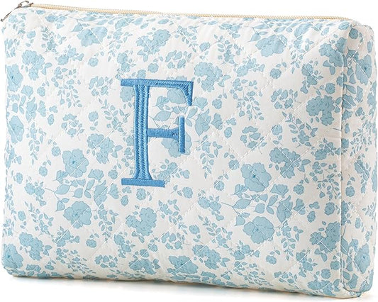 HBselect Initial Quilted Makeup Bag, Cotton Large Travel Makeup Bag, Cute Floral Coquette Make up Bag Cosmetic Bag Toiletry Bag for Women Girls F