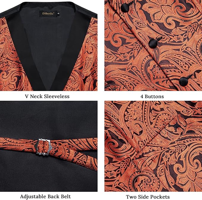 DiBanGu Mens Paisley Suit Vest Silk Jacquard Waistcoat and Necktie Set Formal Shawl Collar Dress Vest 7PCS for Wedding Party