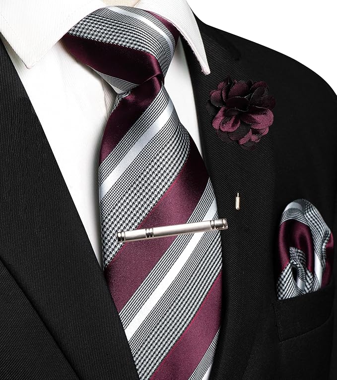 JEMYGINS Mens Striped Tie and Lapel Pin Necktie Pocket Square and Tie Clip Sets for Business Casual 4PCS