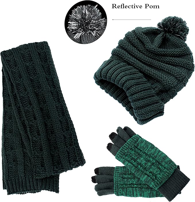Winter Hat Gloves Scarf Set for Women, Cable Knit Beanie Pom Cap Touch Screen Glove Long Scarf 3PCS Winter Gift for Women Men