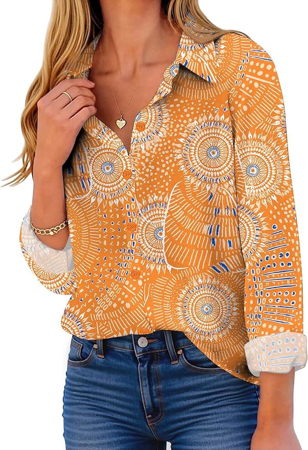 ZEAGOO Button Down Shirt for Women Long Sleeve Blouses Floral Printed Tops Business Casual Work Outfits S-XXL