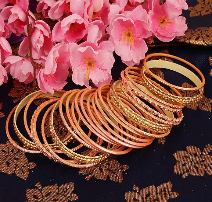 Touchstone Indian Metal Bangles for Women Gold Alloy Bracelets desi 2 Dozen Bangle Collection Bollywood Women's Jewelry Set Multi Stacking Wide Chunky Textured Golden Set of 24 in Gold or White Tone