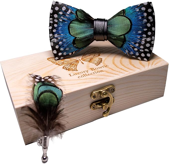 RBOCOTT Handmade Feather Pre-tied Bow tie and Brooch Sets for Men