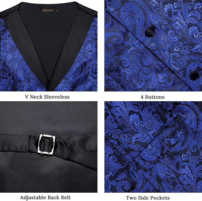 DiBanGu Mens Paisley Suit Vest Silk Jacquard Waistcoat and Necktie Set Formal Shawl Collar Dress Vest 7PCS for Wedding Party