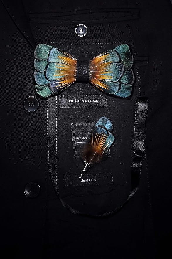 RBOCOTT Handmade Feather Pre-tied Bow tie and Brooch Sets for Men