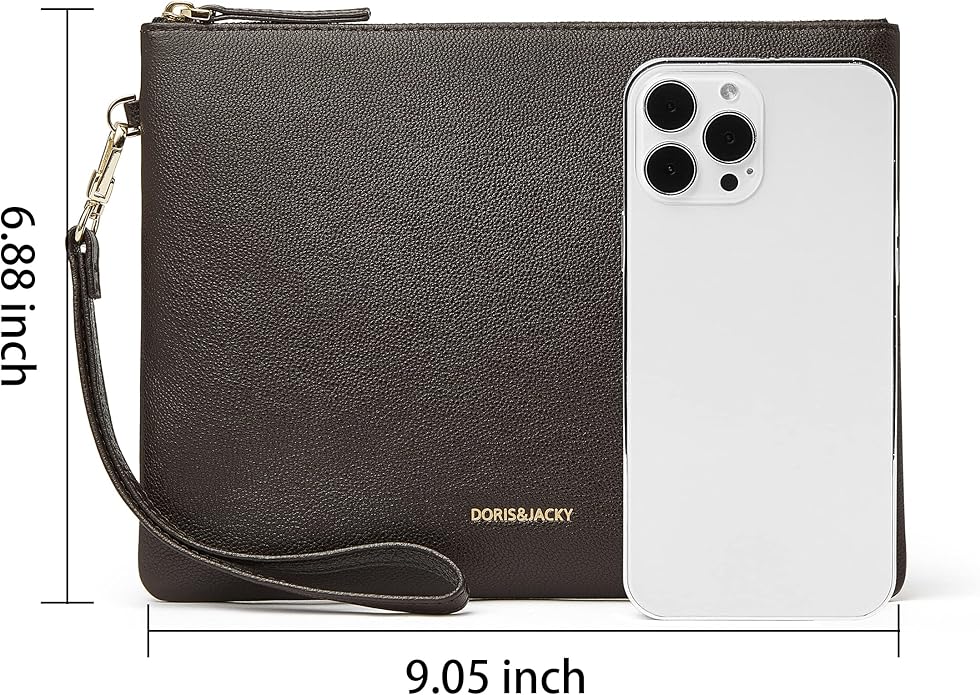 DORIS&JACKY Lambskin Leather Wristlet Clutch Purse for Women Soft Designer Slim Cell Phone Pouch Bag with Detachable Strap