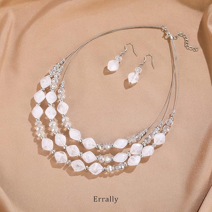 3 Layered Chunky Statement Necklace for Women Beaded Strand Necklaces with Earring Fashion Costumes Collar Necklace Jewelry Sets Gifts for Women