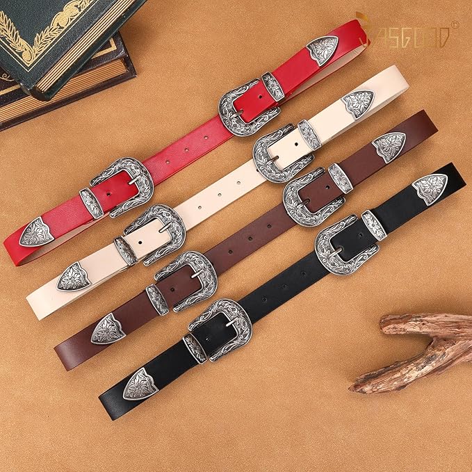 JASGOOD Double Buckle Western Belts For Woman Cowgirl Country Belt Vintage Black Leather Belt For Jeans Pants Dresses