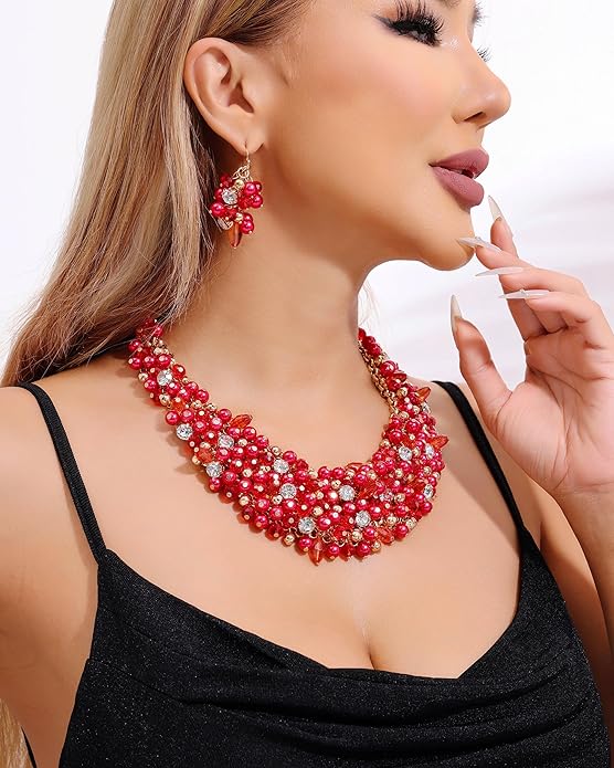Bocar Fashion Crystal Chunky Collar Statement Necklace Earring Set for Women Gift (NK-10260)