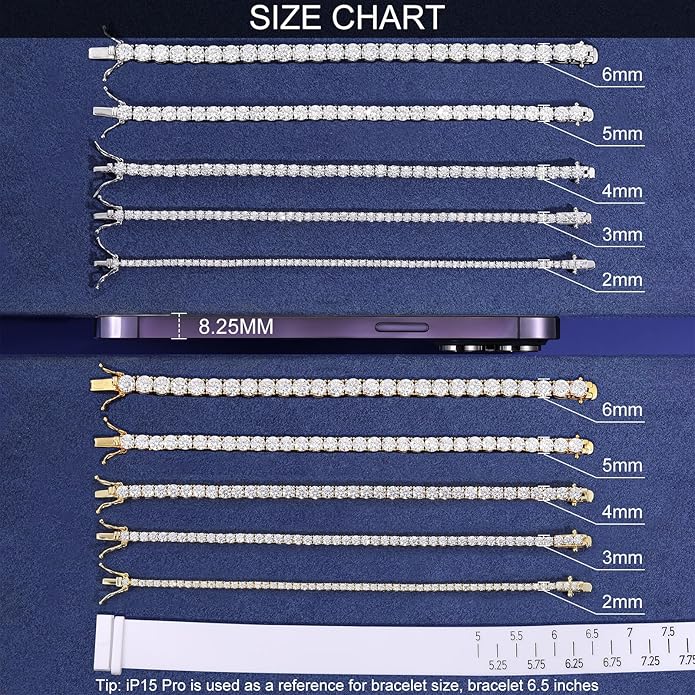 Moissanite Tennis Bracelet for Women Men White/Yellow Gold Plated S925 Sterling Silver D Color VVS1 Round Cut Moissanite Bracelets 2/3/4/5/6MM 6.5/7/7.5/8inch
