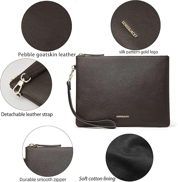 DORIS&JACKY Lambskin Leather Wristlet Clutch Purse for Women Soft Designer Slim Cell Phone Pouch Bag with Detachable Strap