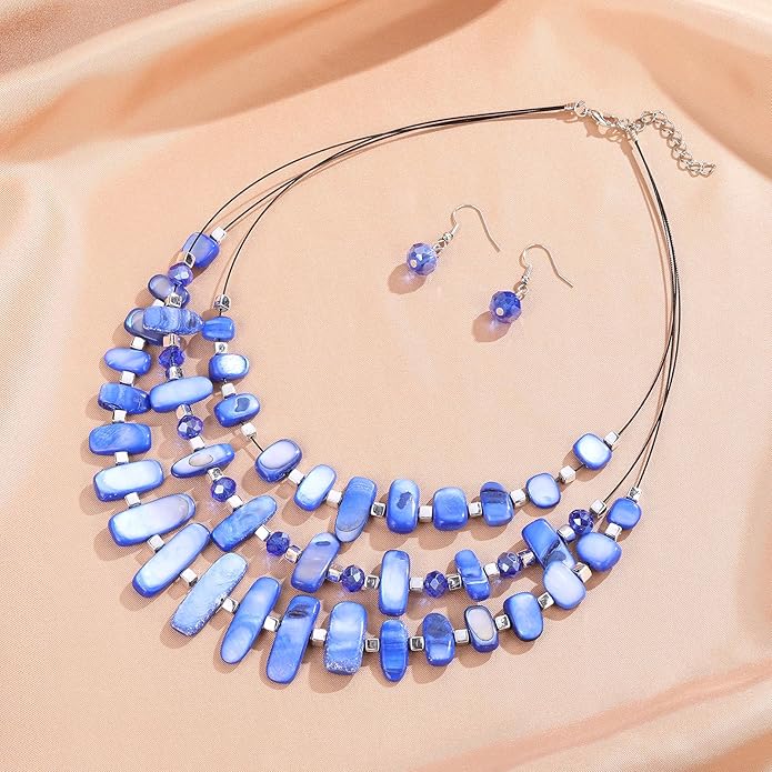 3 Layered Chunky Statement Necklace for Women Beaded Strand Necklaces with Earring Fashion Costumes Collar Necklace Jewelry Sets Gifts for Women