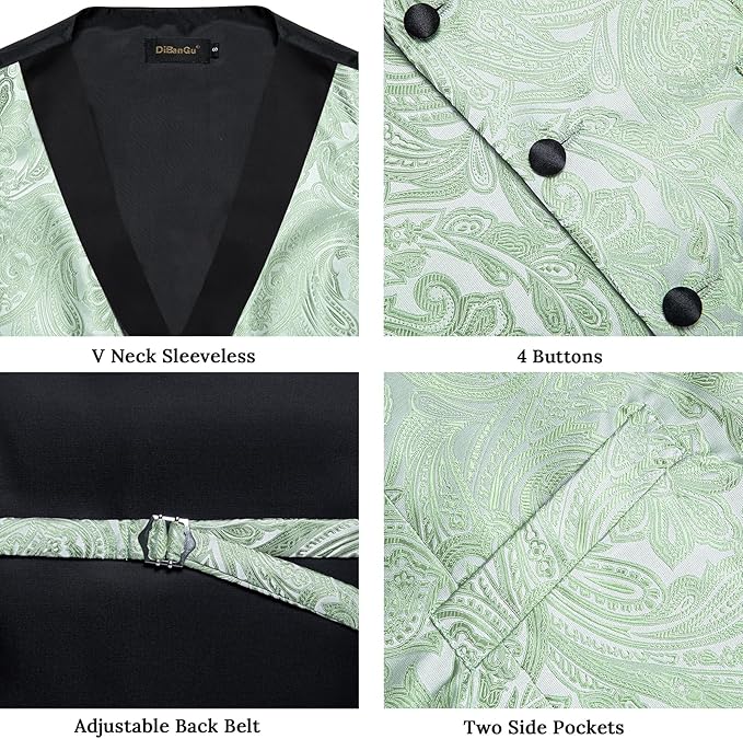 DiBanGu Mens Paisley Suit Vest Silk Jacquard Waistcoat and Necktie Set Formal Shawl Collar Dress Vest 7PCS for Wedding Party