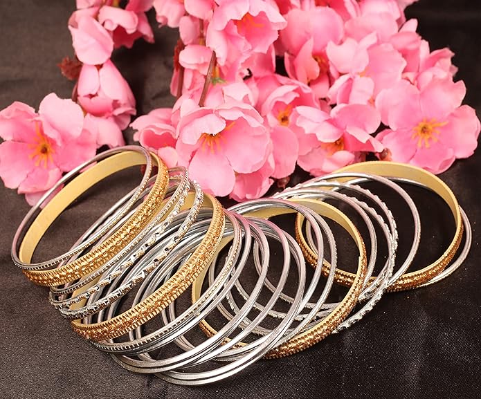 Touchstone Indian Metal Bangles for Women Gold Alloy Bracelets desi 2 Dozen Bangle Collection Bollywood Women's Jewelry Set Multi Stacking Wide Chunky Textured Golden Set of 24 in Gold or White Tone