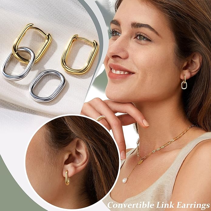 18K Gold Plated Two Tone Gold Silver Hoop Earrings for Women Hypoallergenic - 925 Sterling Silver Drop Dangle Paperclip Huggie Hoop Earrings - Chain Link Dangle Earrings Jewelry