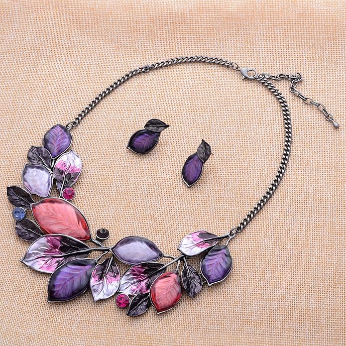 Vintage Statement Jewelry Set Leaf Floral Bohemian Boho Statement Necklace Earring Set Crystal Fashion Costume Jewelry