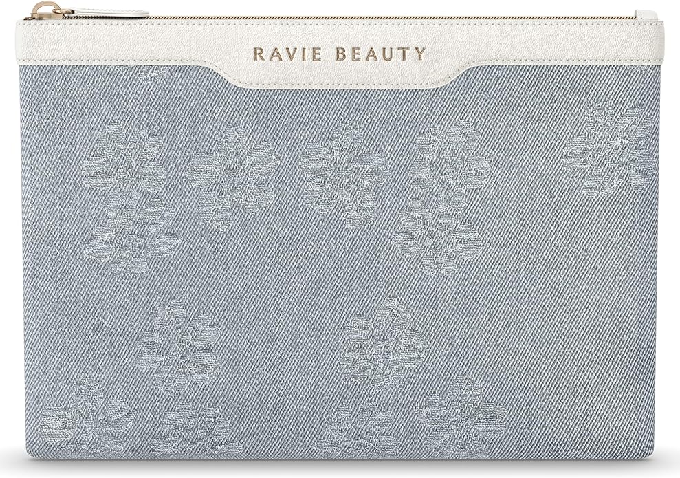 Floral Denim Zipper Cosmetic Bag with Unique Pattern for Women - Cute Travel Makeup Bag- Medium Size Toiletry Organizer for Daily Use
