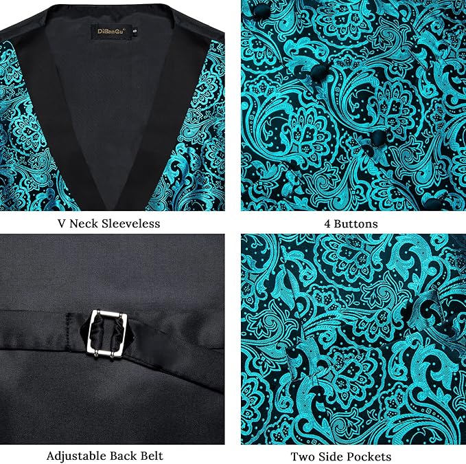 DiBanGu Mens Paisley Suit Vest Silk Jacquard Waistcoat and Necktie Set Formal Shawl Collar Dress Vest 7PCS for Wedding Party