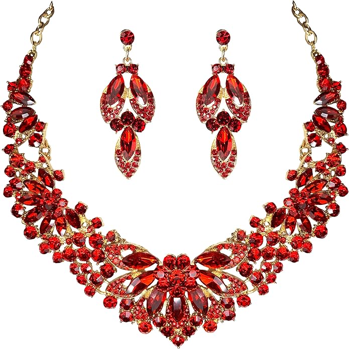 Women Jewelry Set Rhinestone Crystal Green Bride Statement Choker Necklace Teardrop Cluster Dangle Earrings Set for Wedding Party