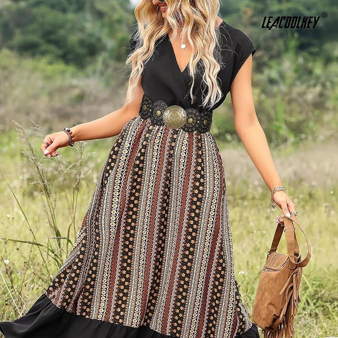 LEACOOLKEY Women's Boho Disc Belt Wide Western Leather Belt Vintage Concho Waist Belts for Dress Jeans
