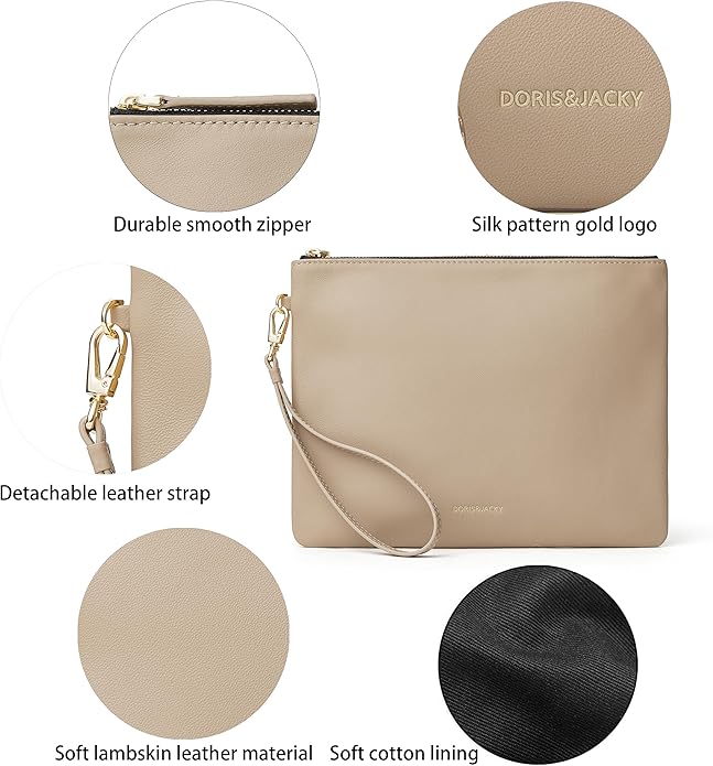 DORIS&JACKY Lambskin Leather Wristlet Clutch Purse for Women Soft Designer Slim Cell Phone Pouch Bag with Detachable Strap